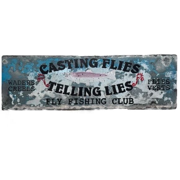 Vintage Casting Flies Telling Lies Fly Fishing Club Metal Sign Fisherman Anglers - Picture 1 of 6